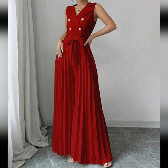 Women's Elegant Double-Breasted Pleated Jumpsuit In Apricot, Suitable For Spring - Picture 4 of 4